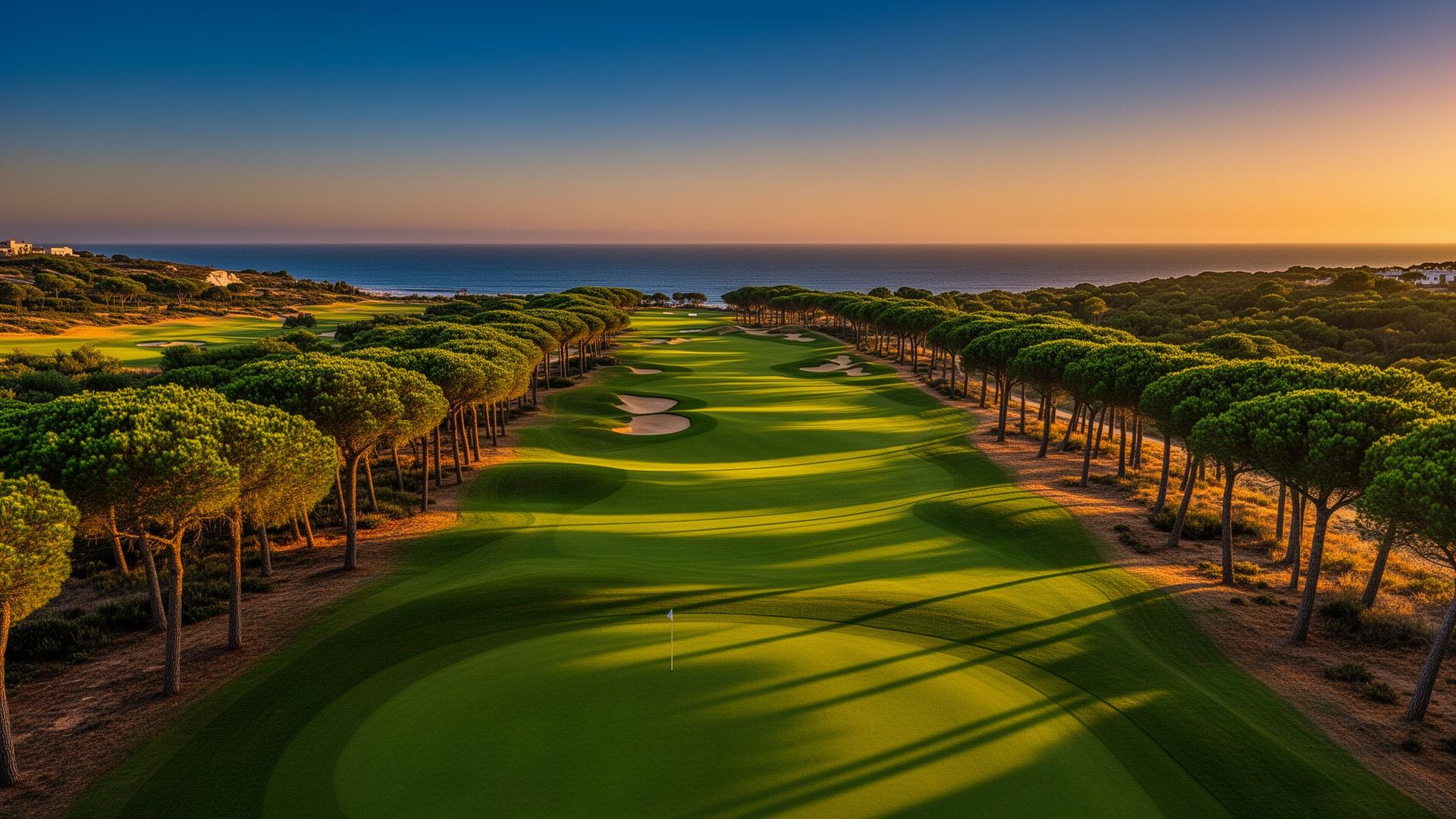 Championship golf course at sunset